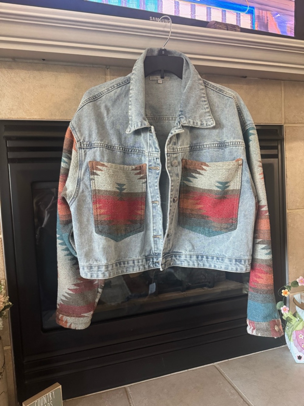 Cropped Light Wash Denim Jacket with Southwestern Pocket Panels
